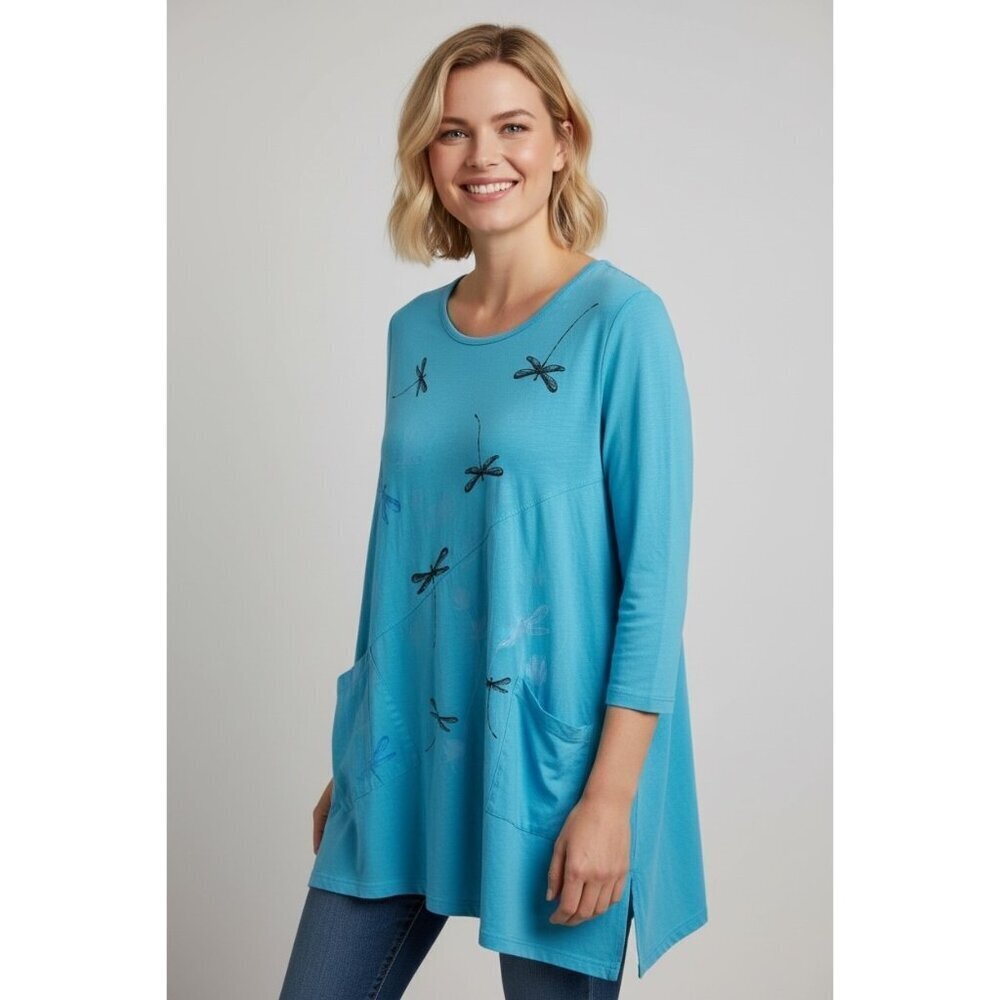 Jess & Jane Turquoise Dragonfly Print Cotton Tunic Pocket Top L